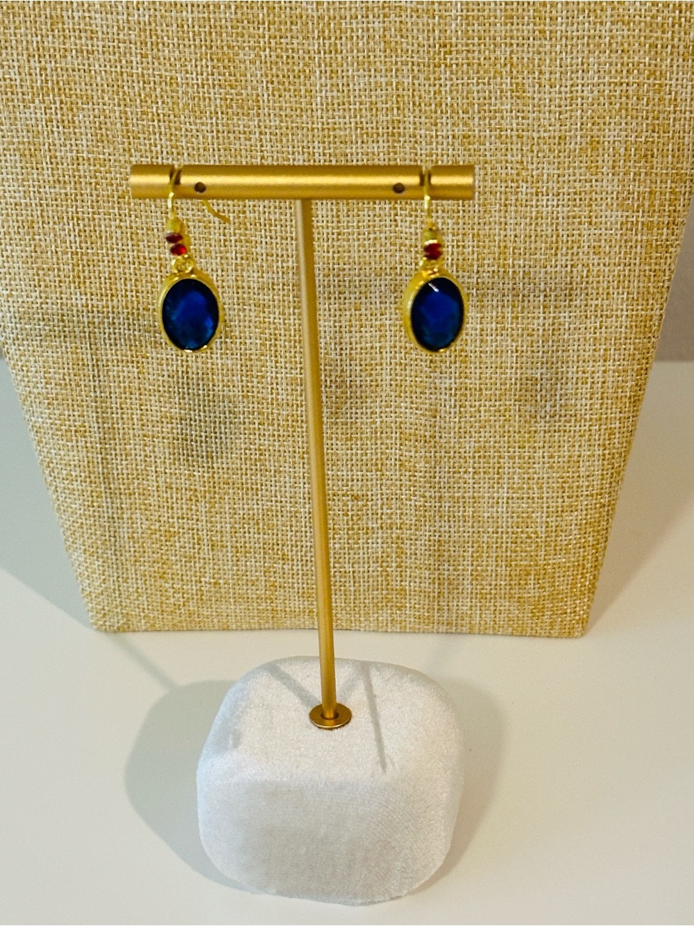 Fashion Jewelry Gold-Tone Earrings with Royal Blue Ovals and Red Beads